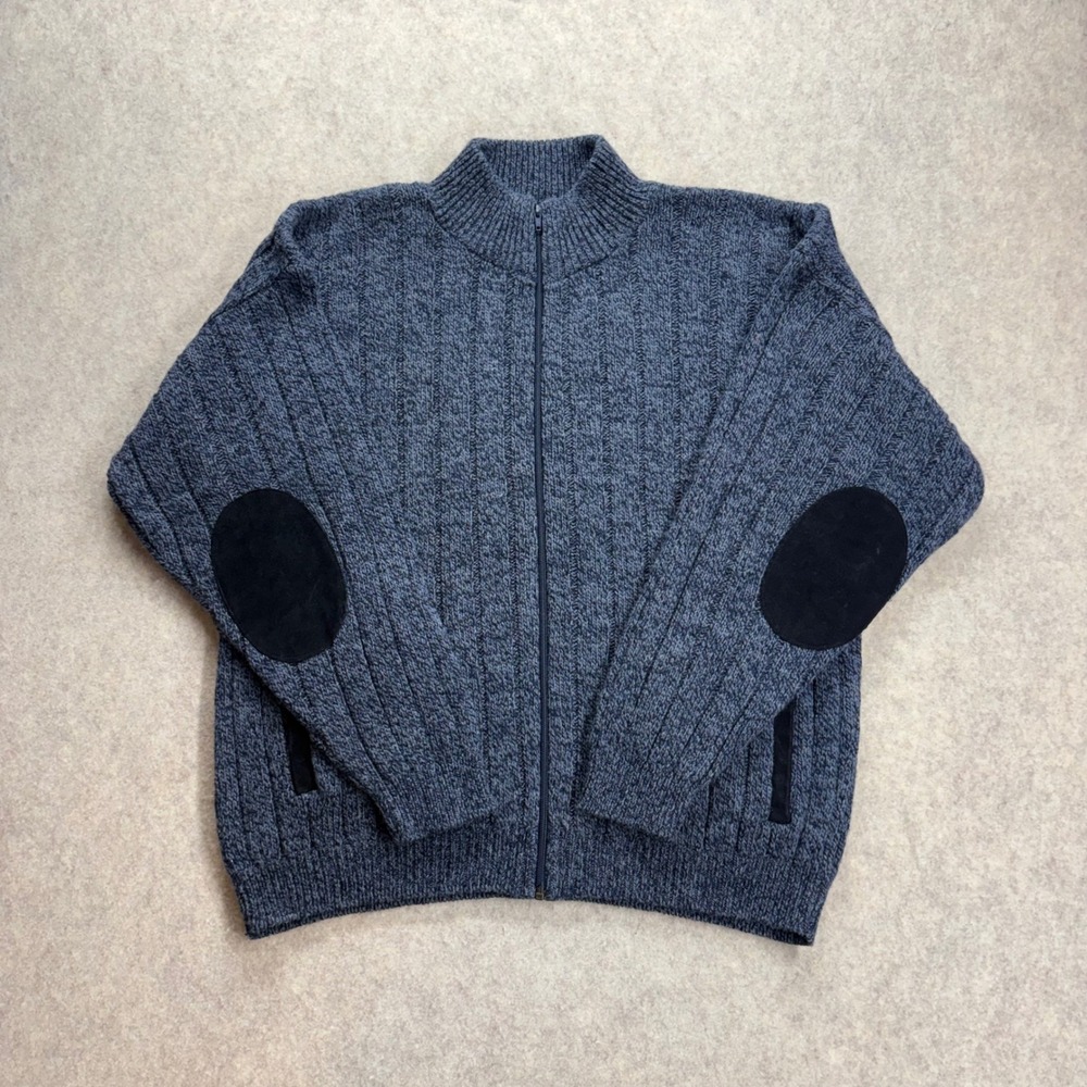Vintage 90's Men's Large Wool Knit Full Zip Sweater Suede Elbow Patches Gray Old